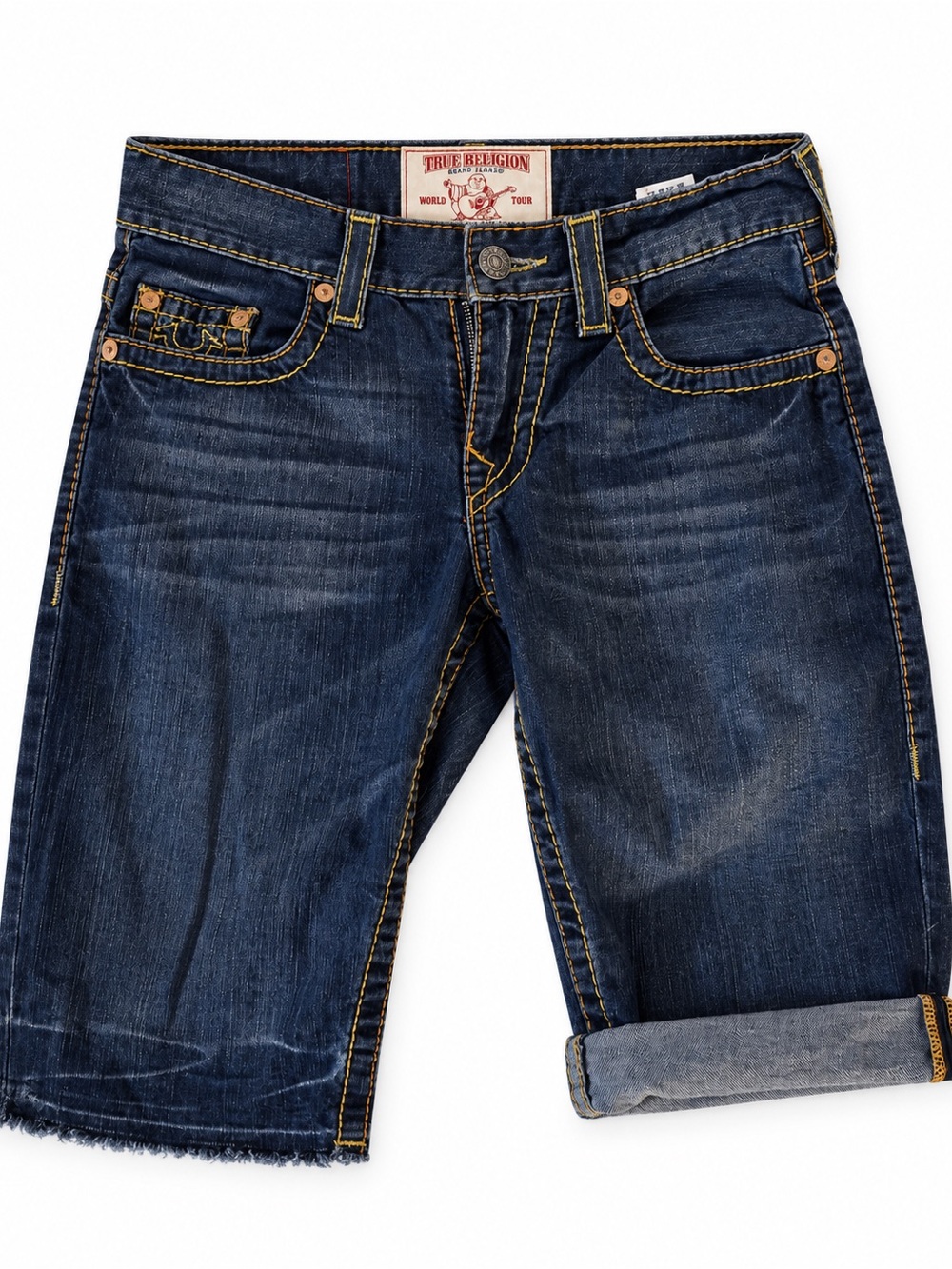True Religion Indigo Blue Cut-Off Jean Shorts with Yellow Stitching